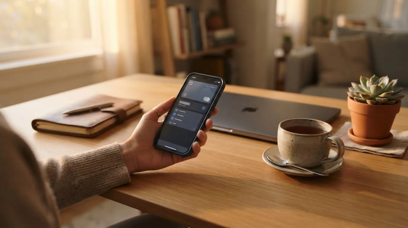 Hand hält Smartphone mit Wallet-App, Laptop im Hintergrund als Sinnbild für Krypto-Auszahlungen