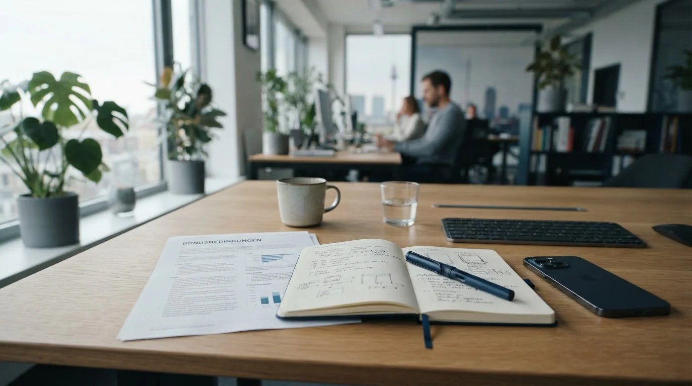 Schreibtisch mit Bonus-Bedingungen, Smartphone und Notizbuch