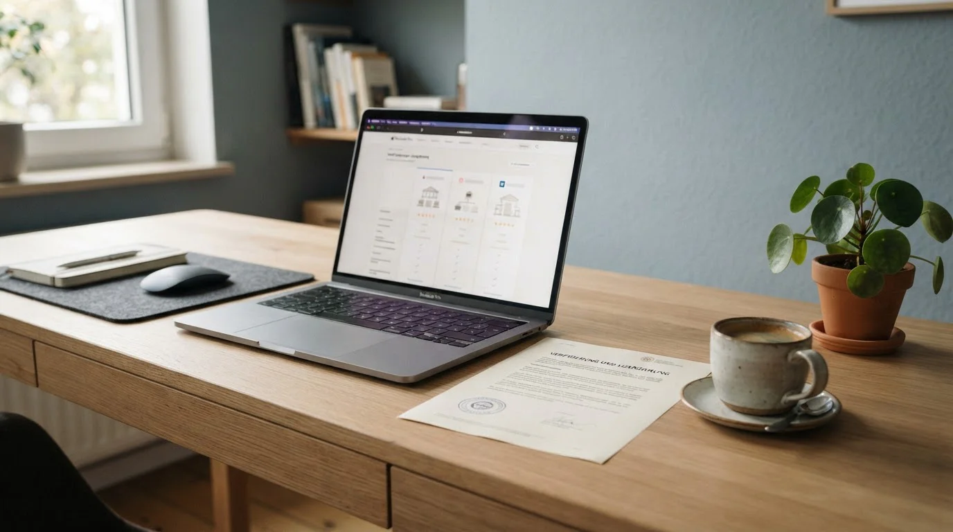 Tisch mit Laptop, GGL-Dokument und einem Symbol für Lizenz und Regulierung