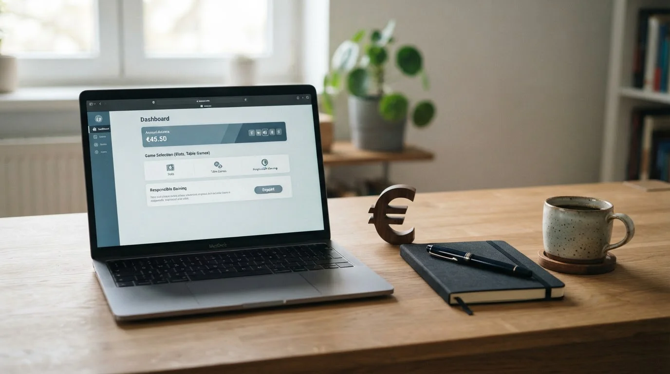 Aufgeräumter Schreibtisch mit Laptop und einer einfachen Notiz zum Thema Online-Casino mit zehn Euro Mindesteinzahlung