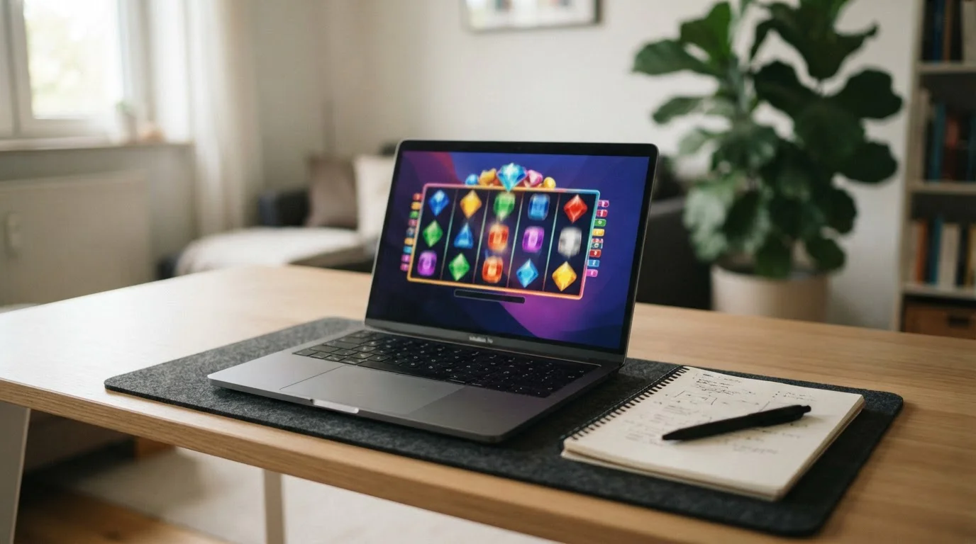 Laptop mit geöffnetem Casino-Interface und Notizen auf einem modernen Schreibtisch