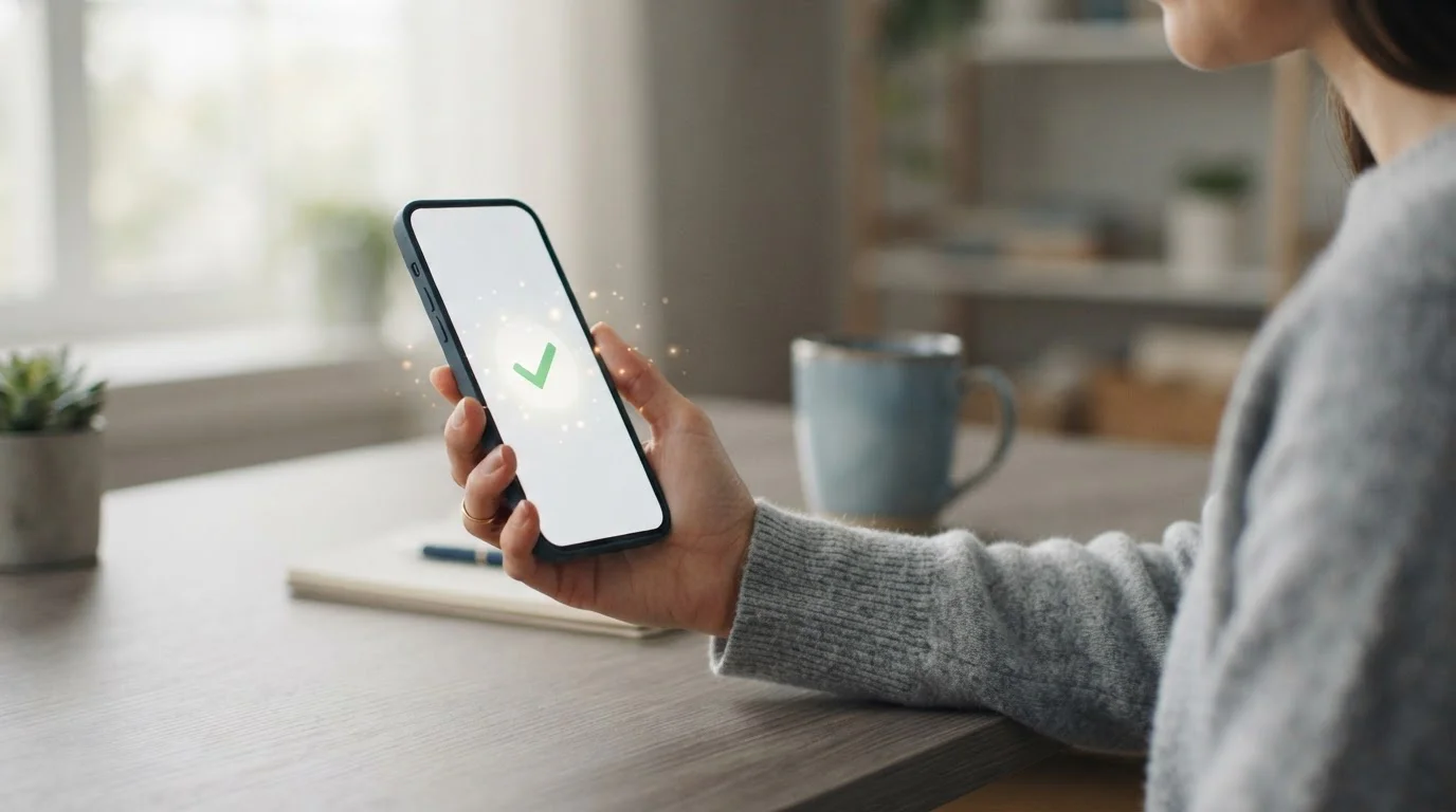 Hand hält ein Smartphone mit Bezahlbestätigung im deutschen Online-Casino