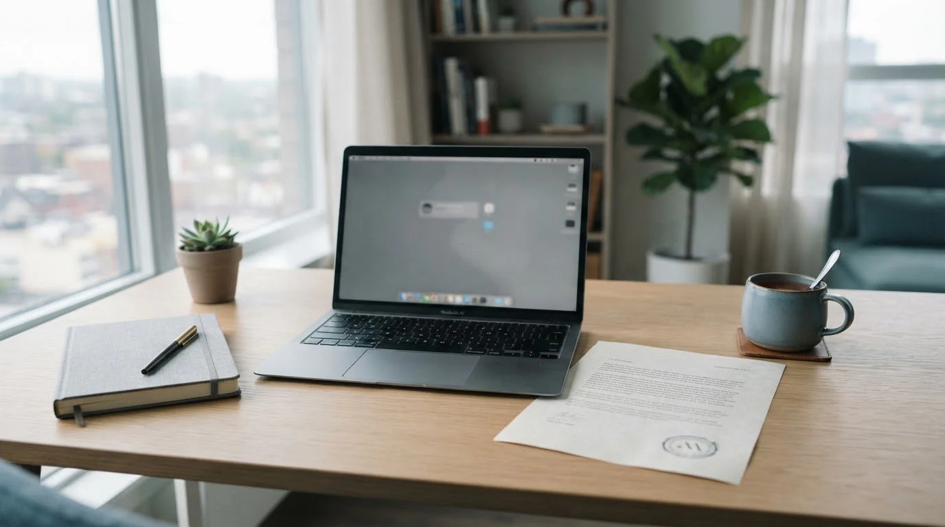 Aufgeräumter Schreibtisch mit Laptop und neutralem Dokument zum Thema Online-Casino in Deutschland