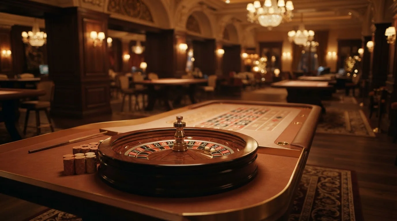 Warmes Casino-Interieur mit Roulettetisch im Hintergrund
