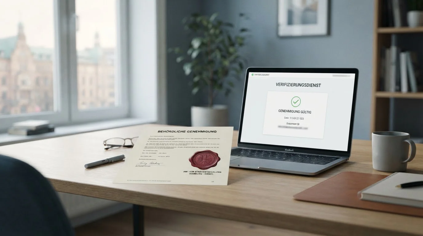 Schreibtisch mit Erlaubnisdokument und Laptop zur GGL-Whitelist-Prüfung