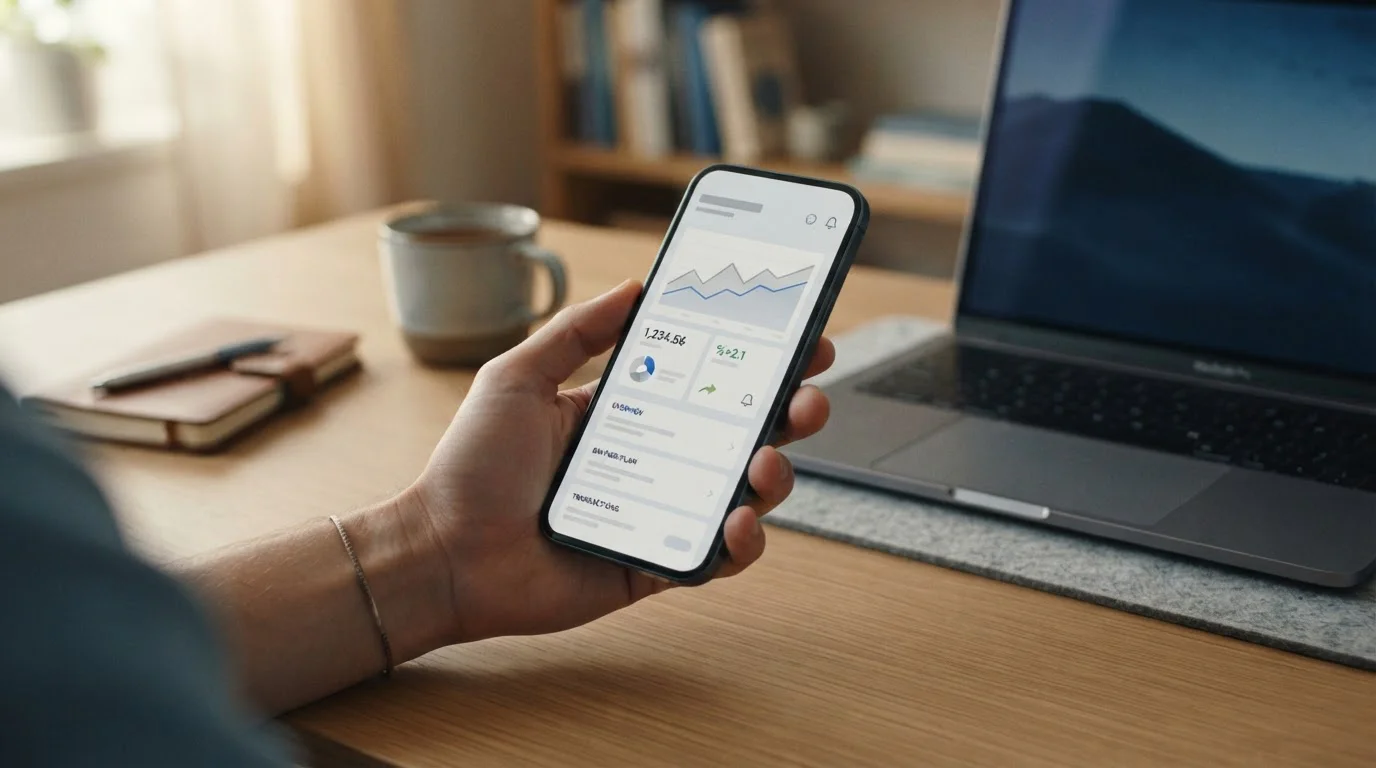 Hand mit Smartphone und geöffneter Ansicht des Bankkontos neben einem Laptop