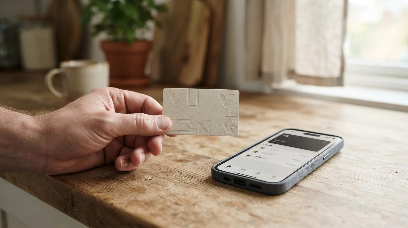 Nahaufnahme einer Prepaid-Karte auf einem Küchentisch, daneben ein Smartphone mit Wallet-App