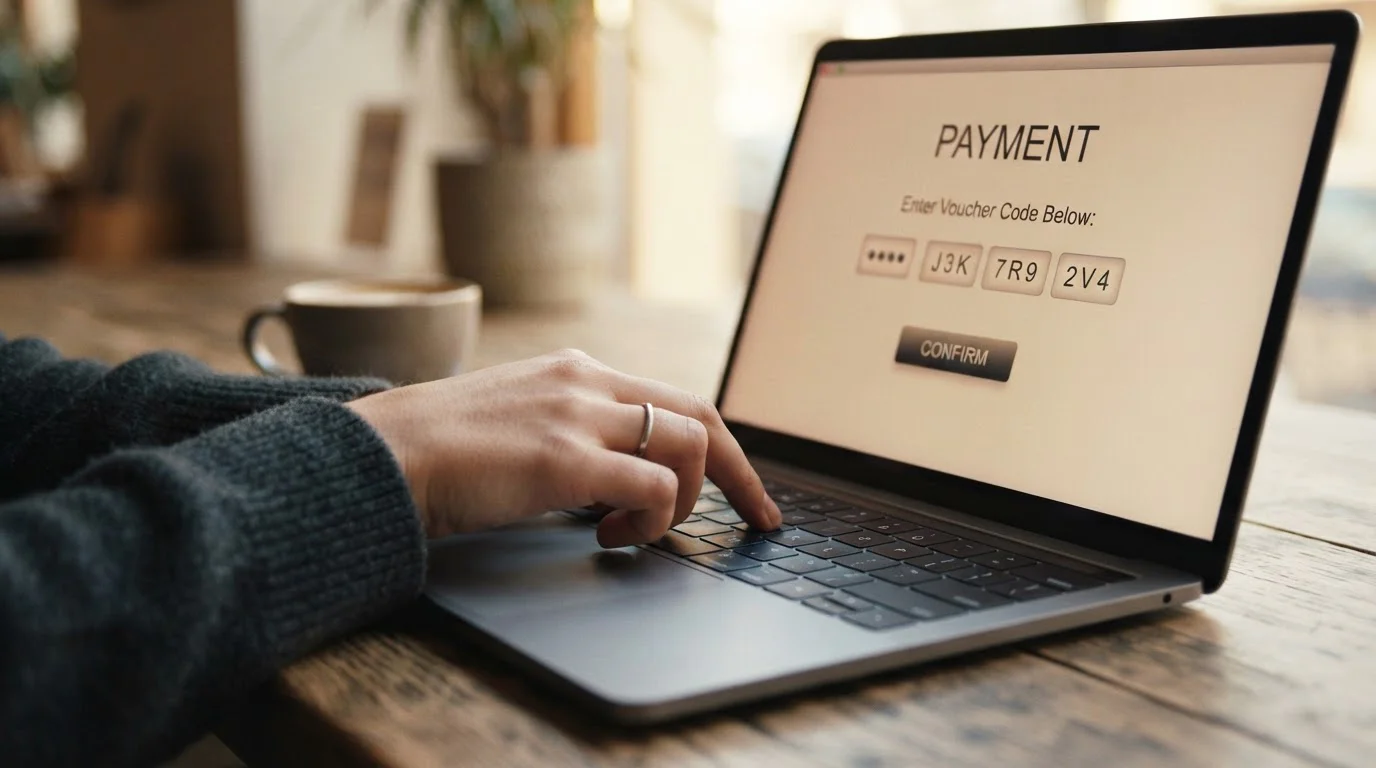 Hand mit Paysafecard-Code vor sicherem Kassenbereich