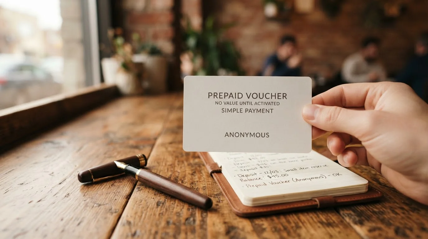 Prepaid-Code ohne erkennbares Branding auf einem Holztisch, daneben ein Notizbuch und ein Füllfederhalter