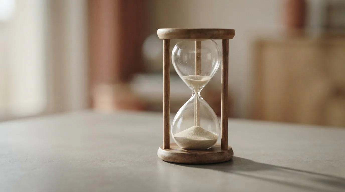 Sanduhr mit fast durchgelaufenem Sand auf einer neutralen Tischplatte