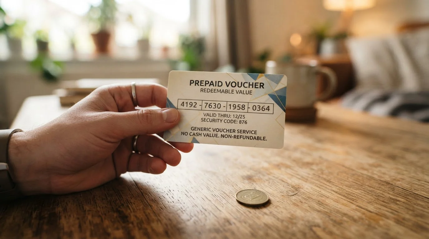 Hand hält Prepaid-Gutschein über einem Holztisch, kleine Münze daneben