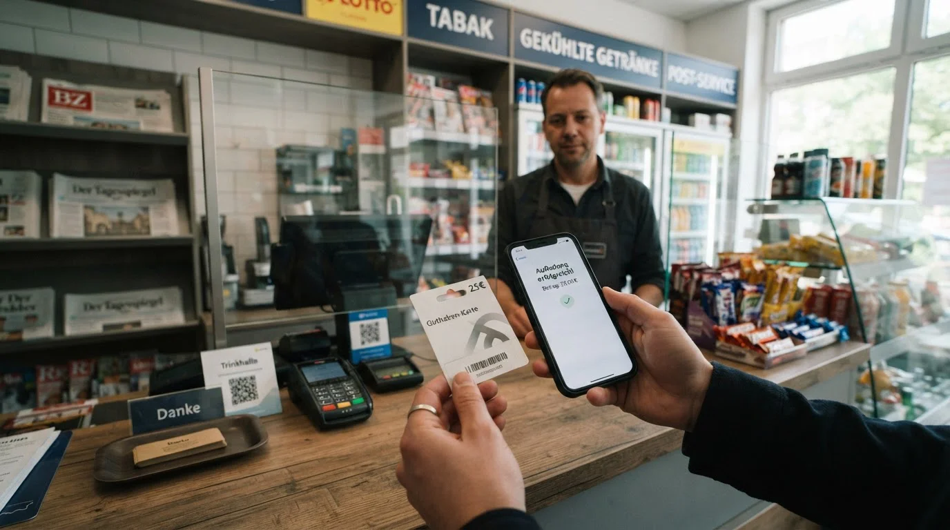 Kiosk-Theke mit Prepaid-Voucher und Smartphone zur Bestätigung