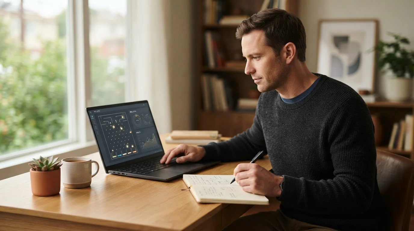 Person mit Notizbuch beobachtet eine neutrale Plinko-Demoversiondarstellung am Laptop