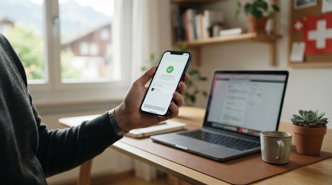 Smartphone mit neutraler Zahlungsbestätigung und Schweizer Arbeitsumgebung