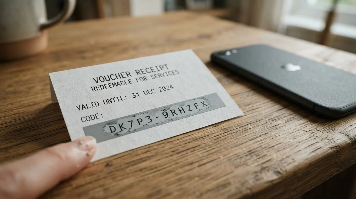 Prepaid-Gutscheincode mit verdeckter Zahlenreihe auf einem Beleg