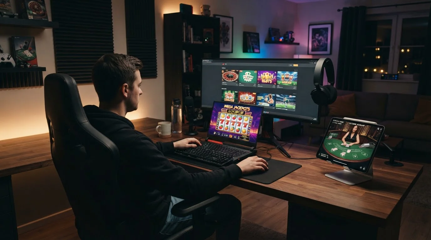 Gaming-Setup mit Slot-Interface und Live-Dealer-Tisch auf Bildschirmen
