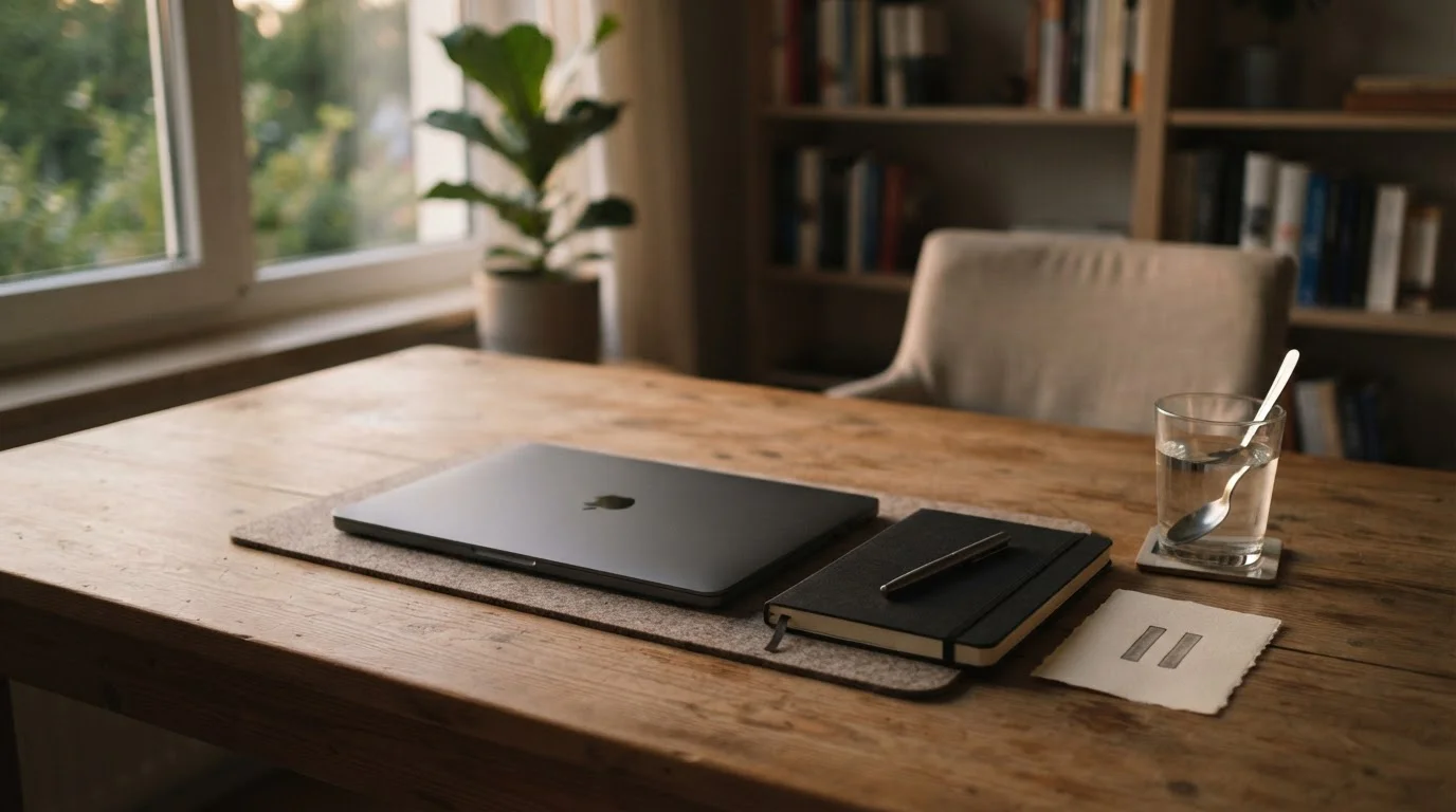 Ruhiger Schreibtisch mit geschlossenem Laptop und Notizbuch