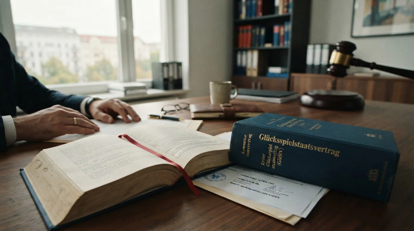 Aufgeschlagenes Gesetzbuch zum Glücksspielstaatsvertrag auf Schreibtisch