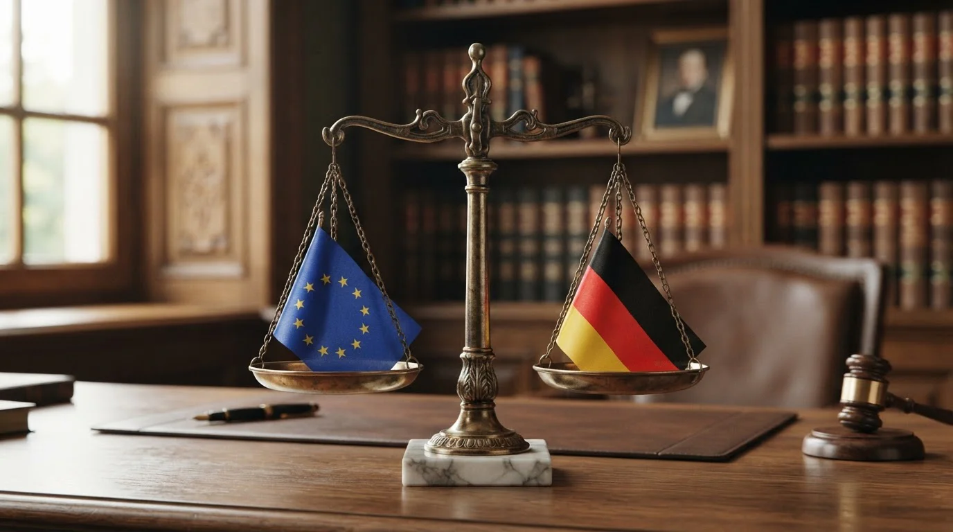 Waage der Justiz mit EU-Flagge und deutscher Flagge auf den Schalen, symbolische Balance