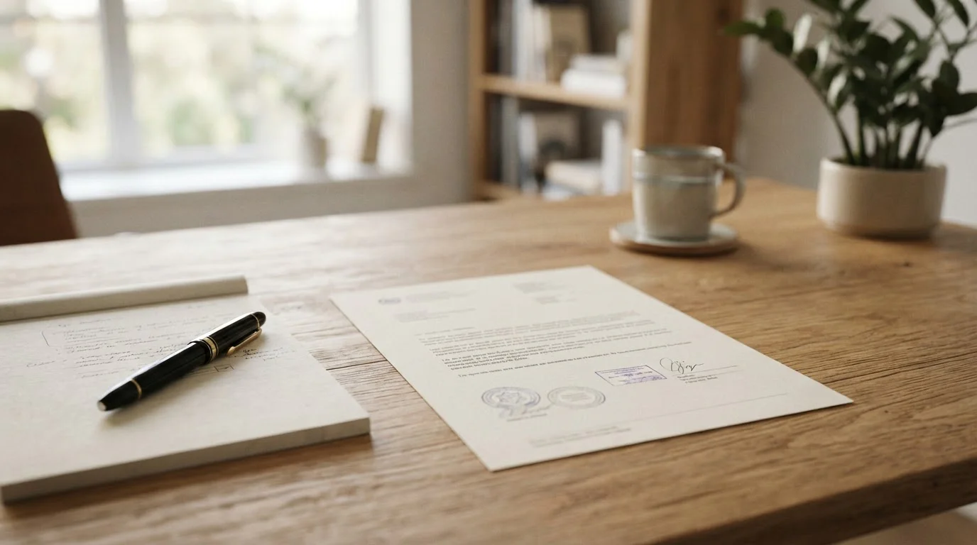 Ruhiger Schreibtisch mit Stift, Notizblock und gestempeltem Dokument ohne Text