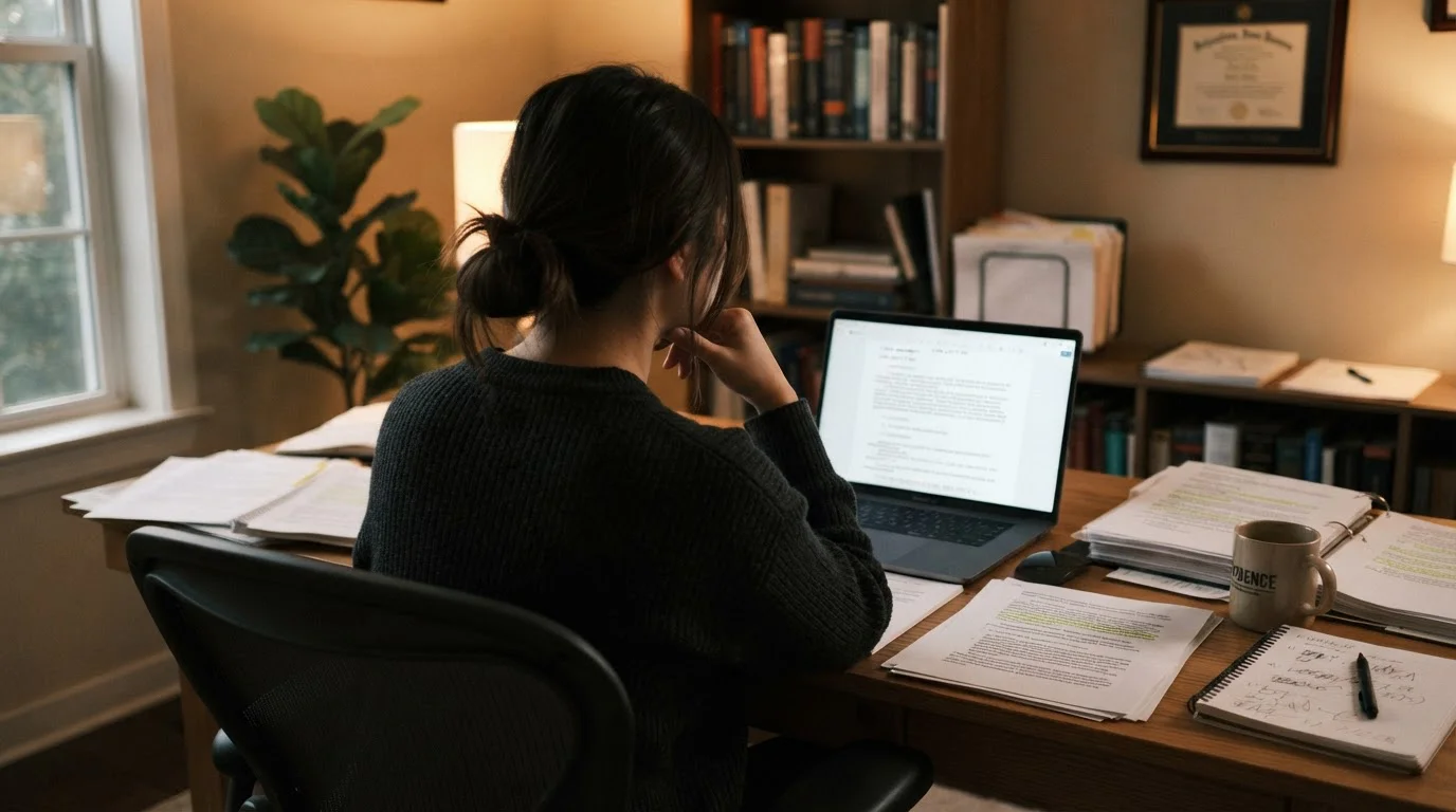 Person von hinten am Laptop mit rechtlichen Dokumenten auf dem Schreibtisch