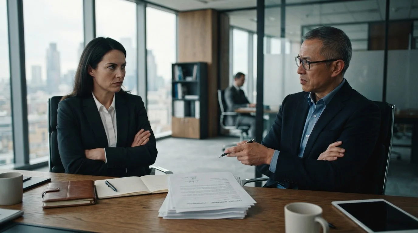 Handshake zwischen zwei Personen über Vertragsdokumenten symbolisiert fehlendes Vertrauen