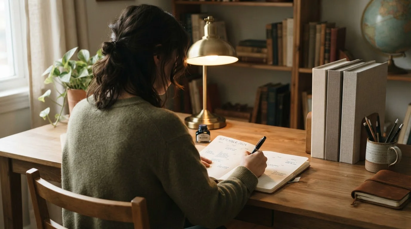 Person am Schreibtisch, die mit Stift und Notizbuch einen Monatsplan zeichnet