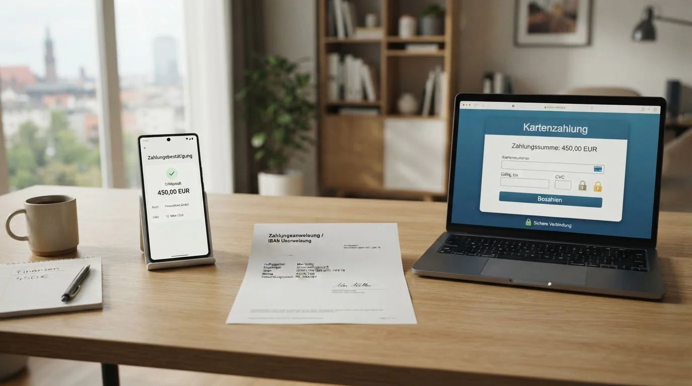 Drei neutrale Zahlungswege für eine Revolut-Einzahlung am Laptop