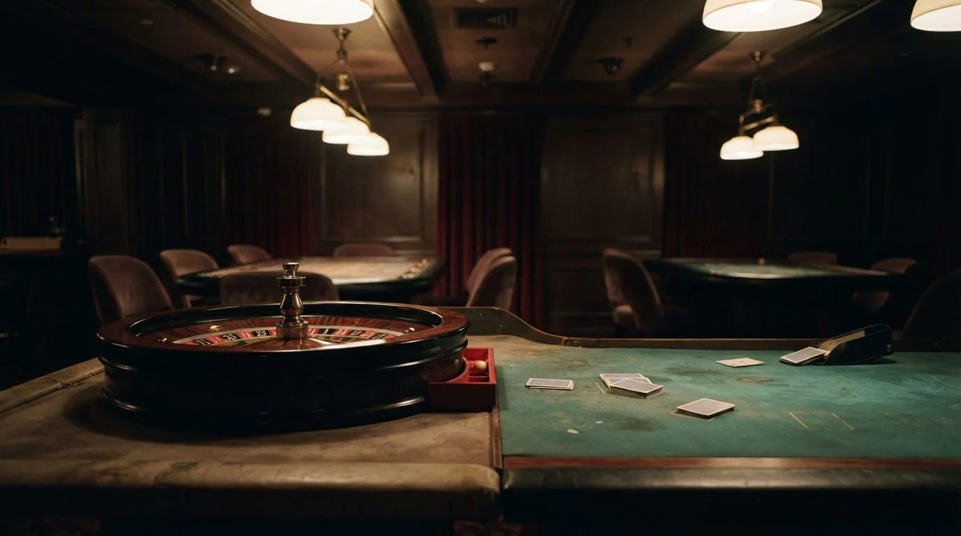 Stille Spieltisch-Szene mit Roulettekessel und verdeckten Karten, ohne erkennbares Casino-Emblem