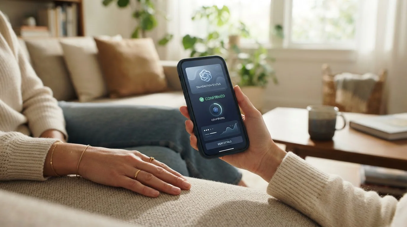 Smartphone mit offener Krypto-Krypto-Geldbörse und sichtbarer XRP-Transaktion in einem hellen Wohnzimmer