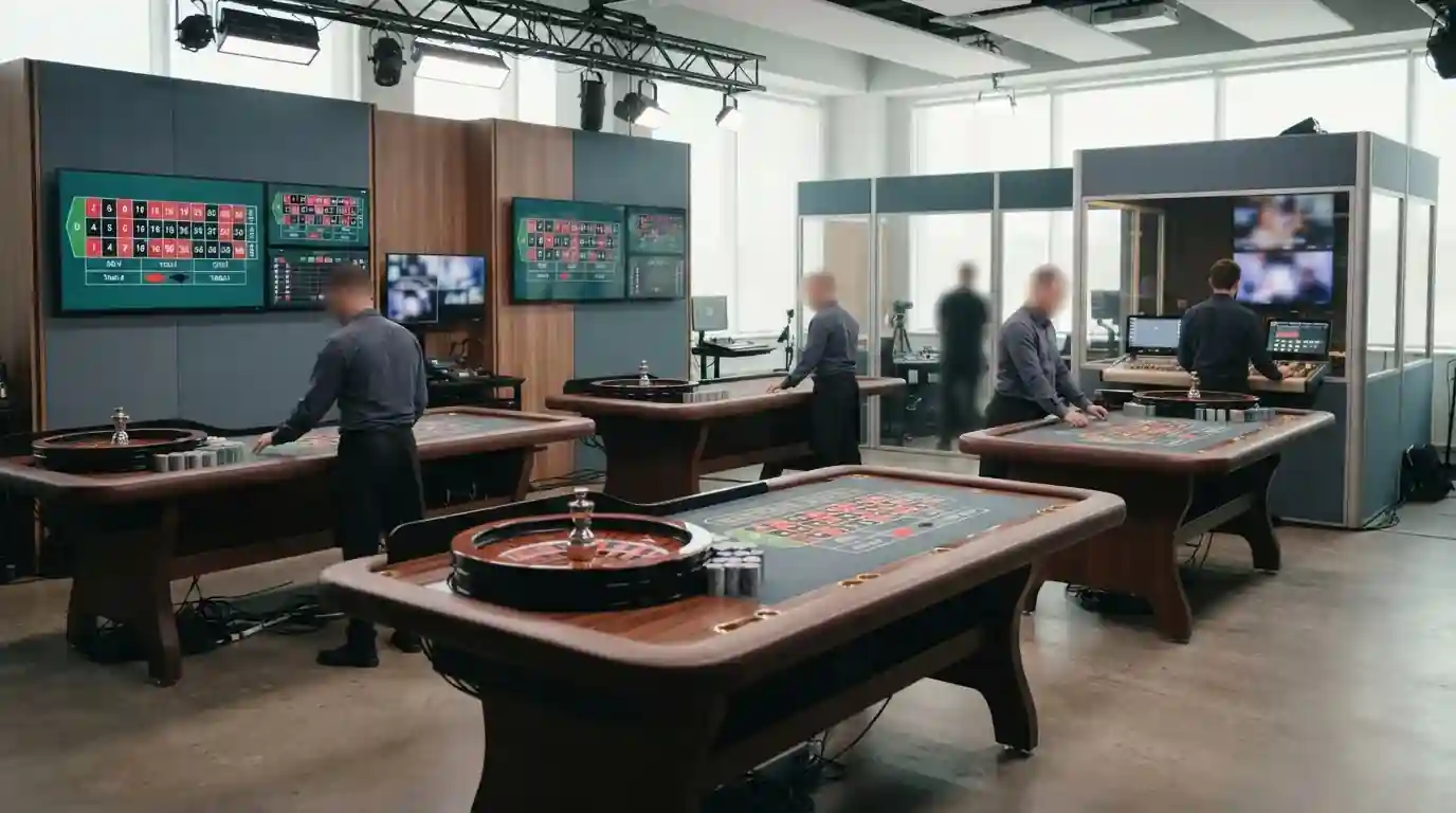 Vergleich mehrerer neutraler Roulette-Tische in einem hellen Studio