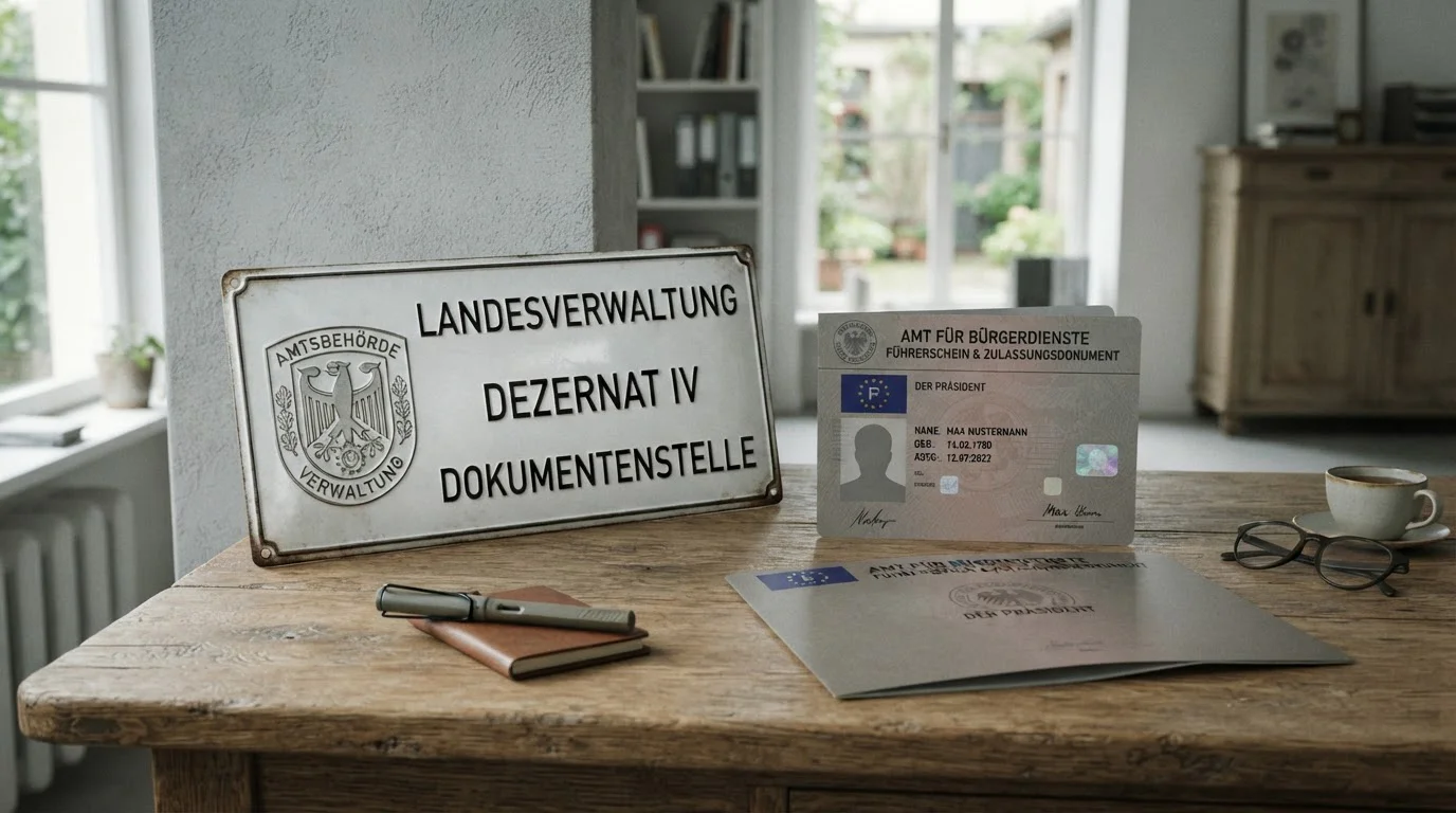 Stylisiertes Standesamt-Schild Schleswig-Holstein neben einem modernen Lizenzdokument, Tageslicht, ruhige Hintergrundkulisse