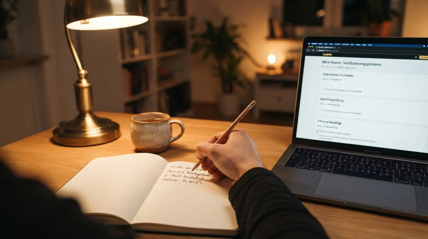 Stift und Notizbuch mit einer kleinen Skizze eines Bonus-Ablaufs — Identitätsprüfung, Einlösung, Umsatzbedingungen, Auszahlung