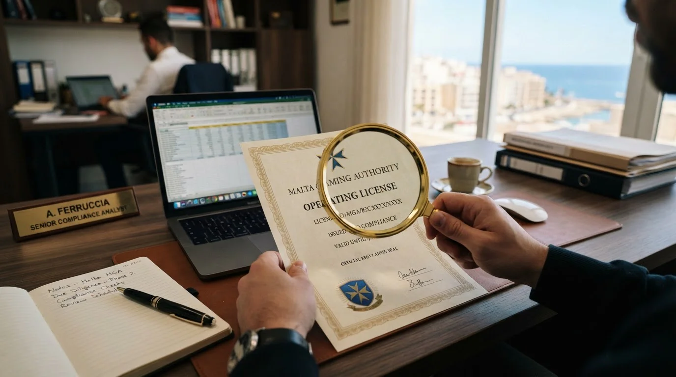 Lupe über Lizenz-Dokument mit Malta MGA-Wappen, Schreibtisch mit Laptop und Notizen