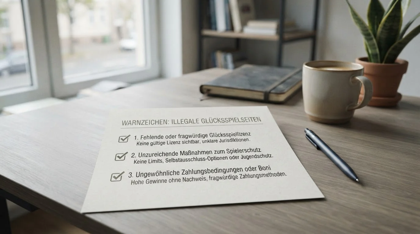 Checkliste auf einem Notizblock mit drei Warnzeichen für unseriöse Casino-Anbieter, daneben ein Kugelschreiber, neutraler Hintergrund