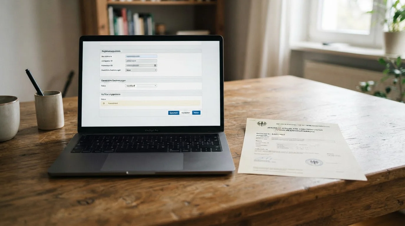 Prüfung eines deutschen Glücksspielregisters neben einem Laptop