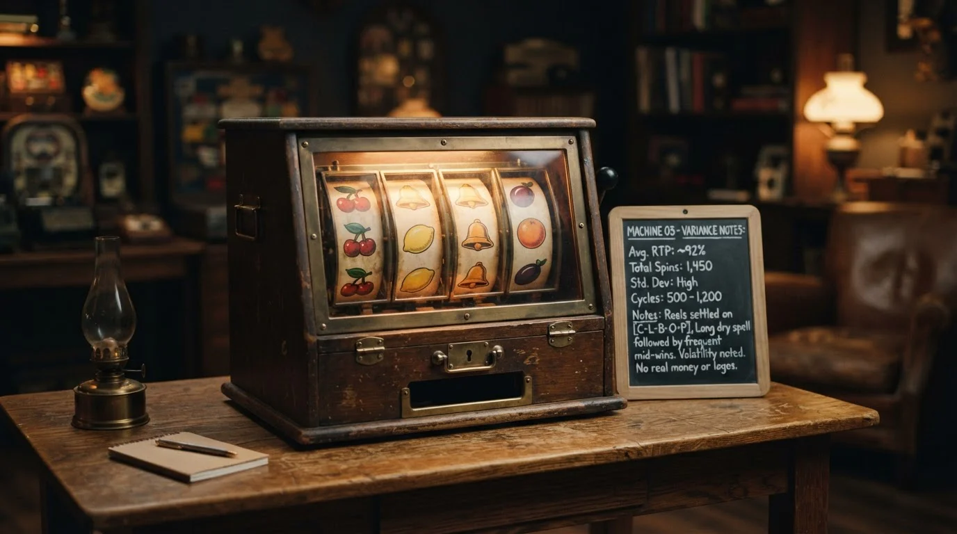 Stilisierte Slot-Walzen mit Früchten-Symbolen und einer Auszahlungsquote-Tafel