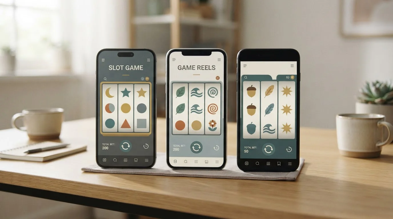 Drei Smartphones nebeneinander, die jeweils einen anderen Slot-Titel anzeigen