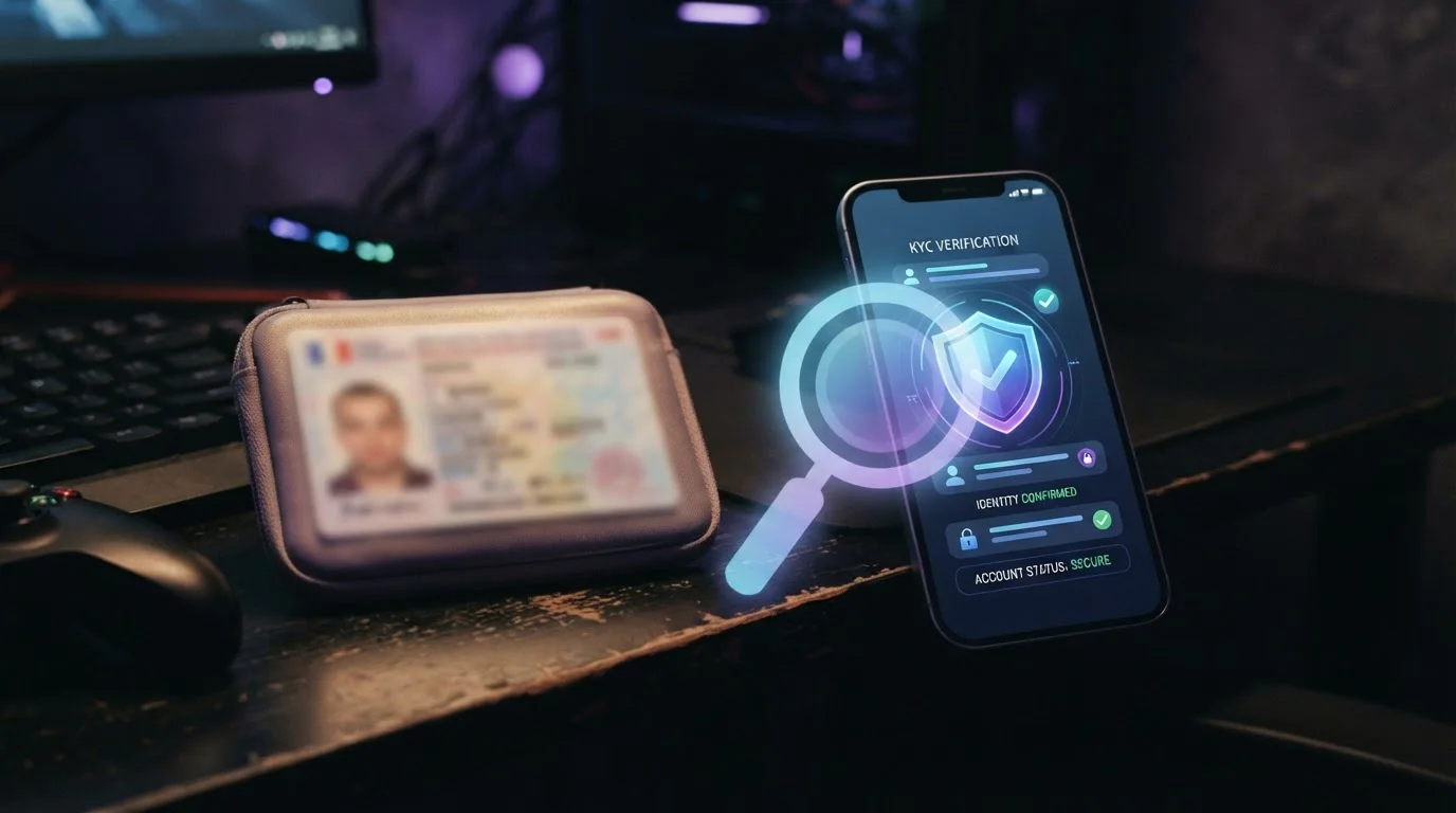 Ausweis-Dokument neben Smartphone mit KYC-Verifizierungsbildschirm, dezent im Hintergrund