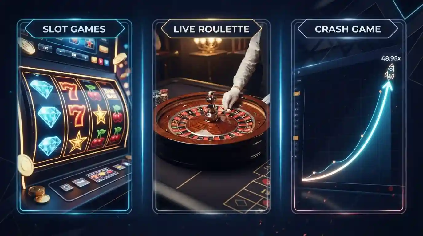 Übersicht von Spielkategorien: Spielautomaten, Live-Casino-Tisch und Crash-Kurve auf einem Bildschirm