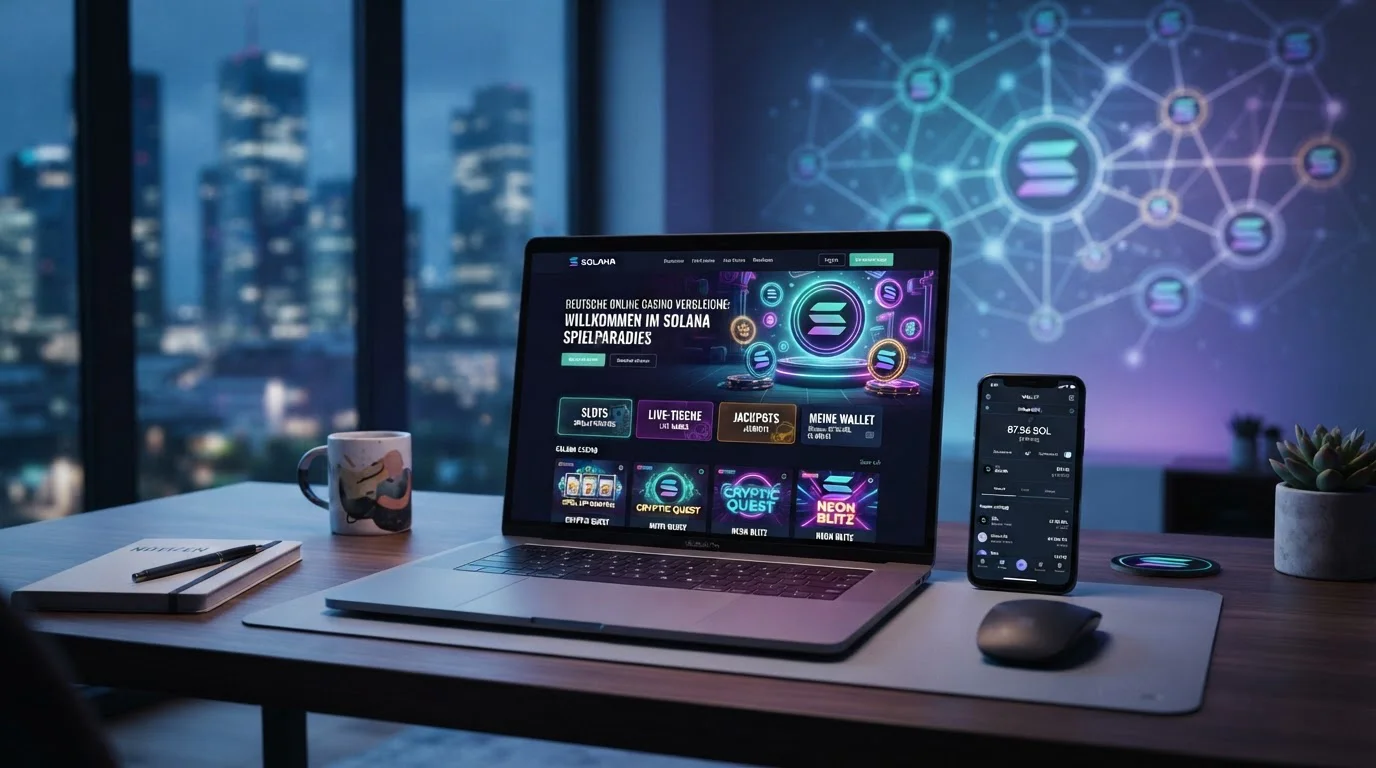 Übersicht von Solana-Casinos mit Laptop, Smartphone und dezenter Blockchain-Darstellung