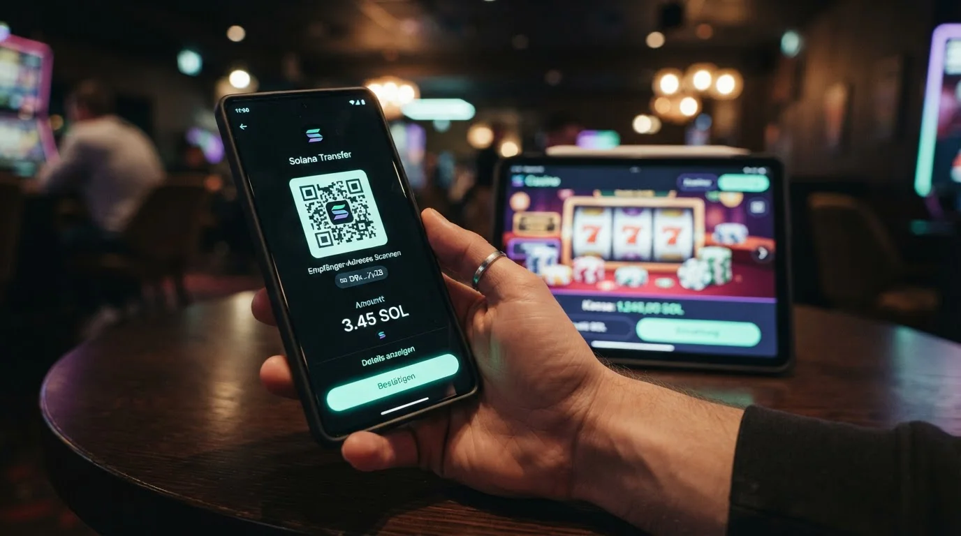 Smartphone mit Solana-Wallet und QR-Code-Verbindung zu einem Casino-Kassenbereich