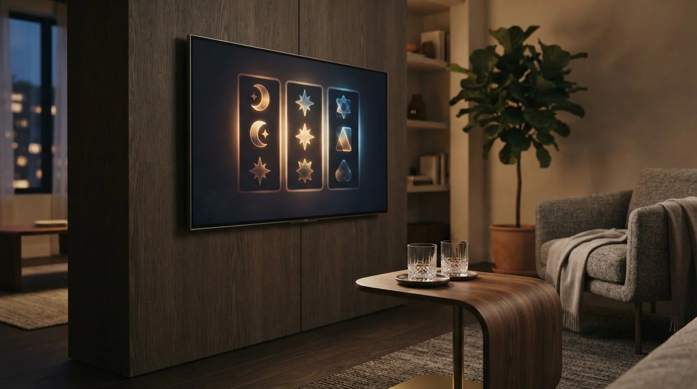 Abstrakte Spielwalzen-Silhouette an einer Wand, sanftes warmes Licht im Raum