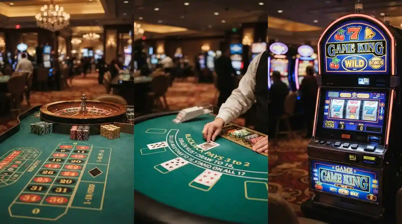 Drei Spieltische nebeneinander: Roulette, Blackjack und Spielautomat als Symbol für das deutsche Spielangebot
