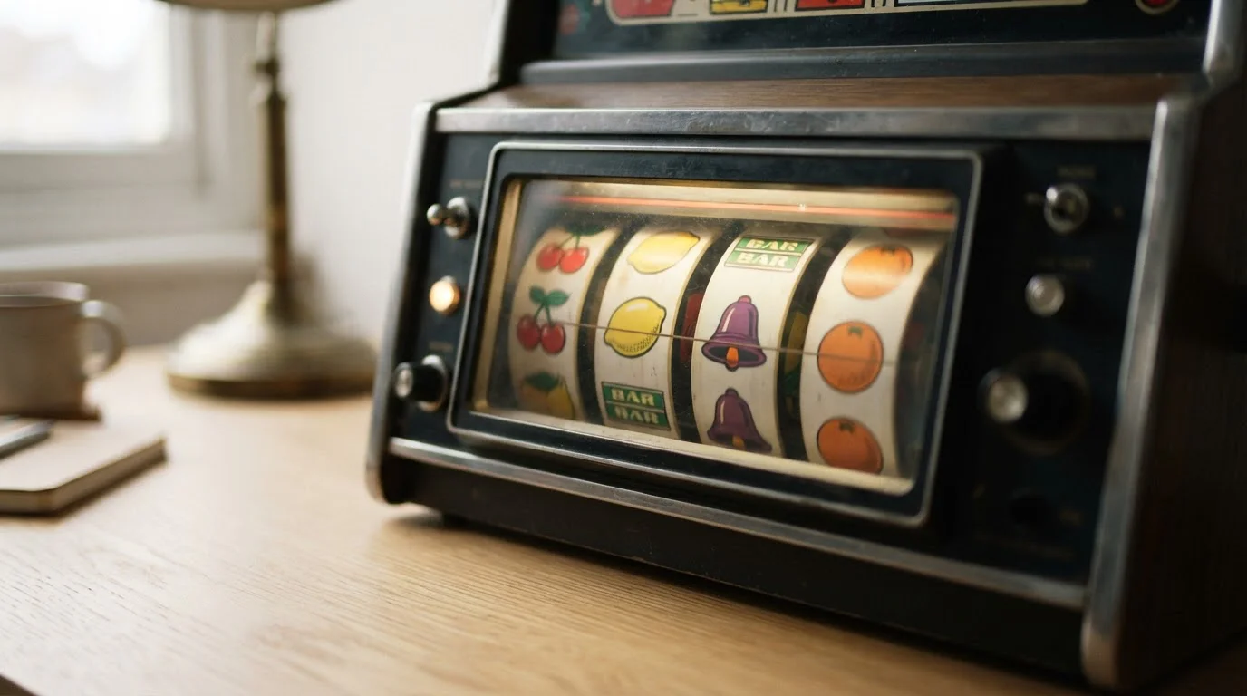 Buntes Spielautomat-Display in einem leeren Münzrahmen, abstrakt gehalten und ohne Markenbezug
