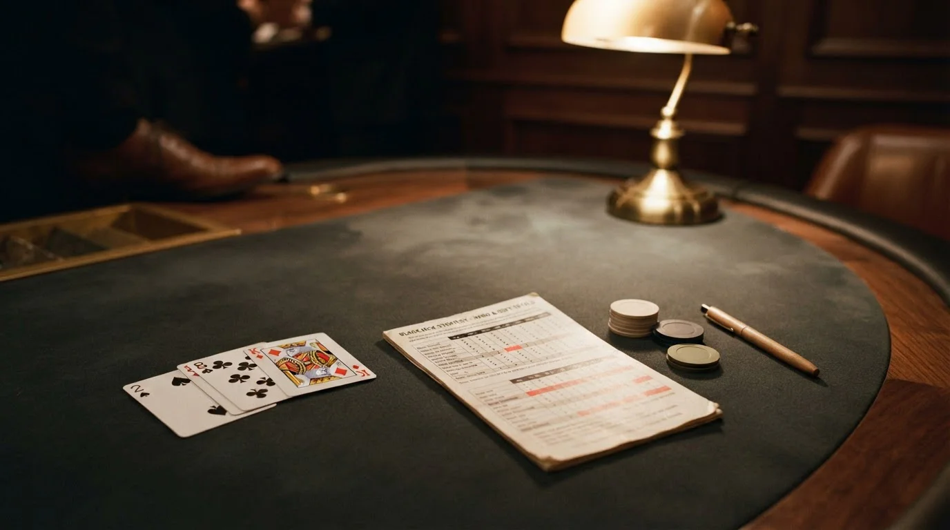 Blackjack-Tisch mit ausgelegten Karten und Stapel, Tageslicht durch grosses Fenster