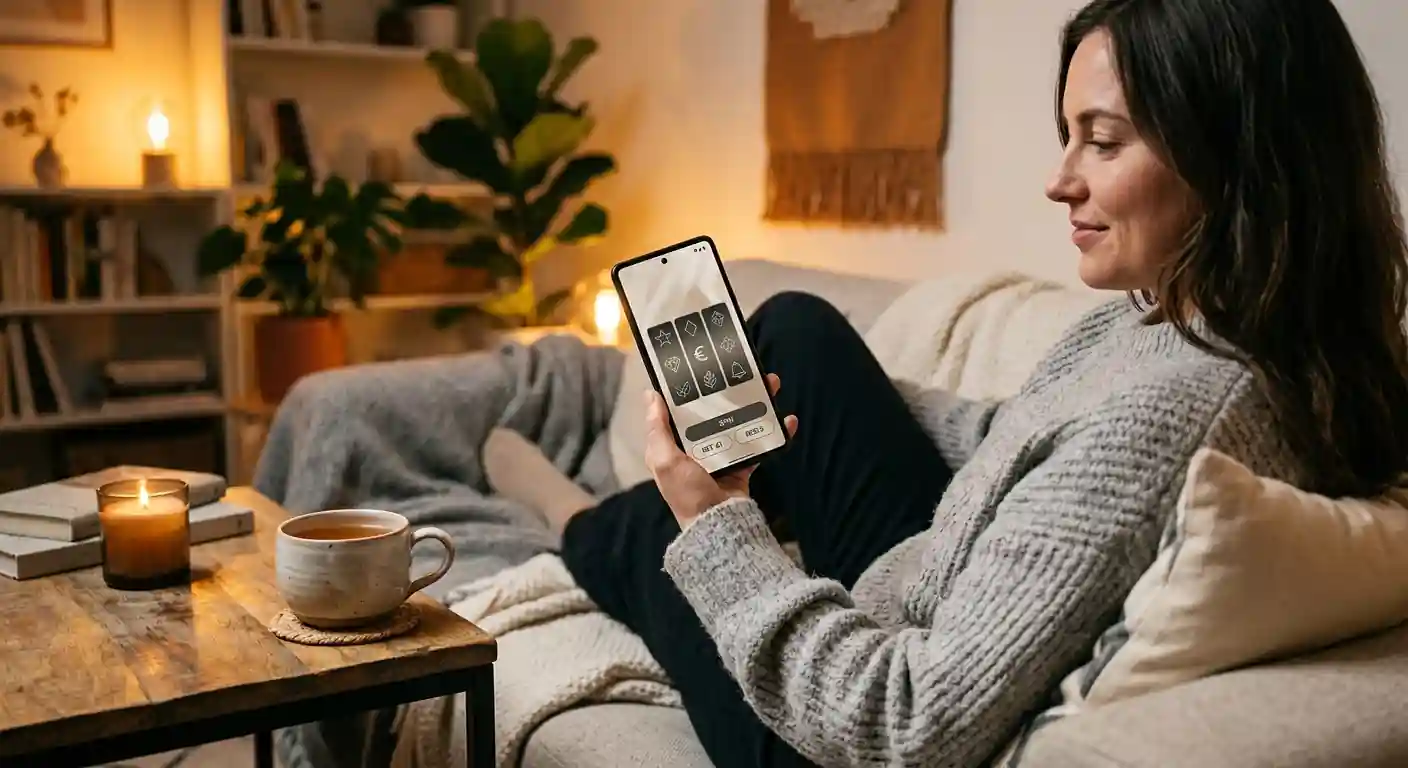 Entspannte Szene mit Smartphone und Spielautomat-Oberfläche am Abend zu Hause
