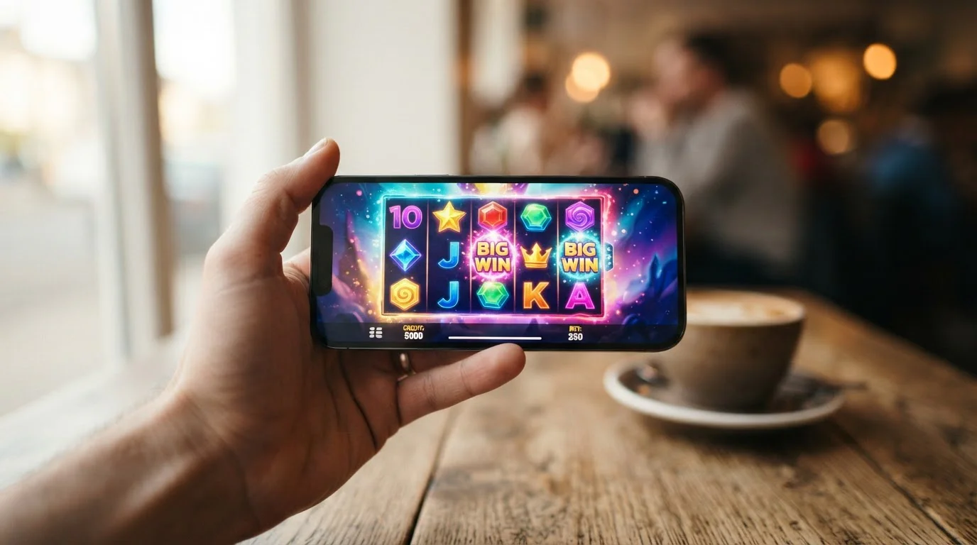 Spielautomat auf einem Smartphone-Bildschirm im Browser, neutraler Hintergrund, keine Logos, keine Karten, keine Banknoten