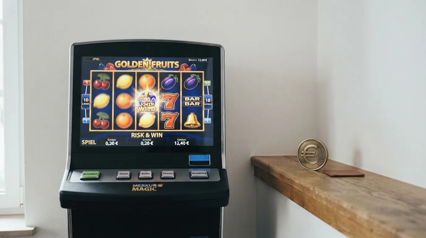 Spielautomat mit klassischen Fruchtsymbolen auf einem schlichten Bildschirm, daneben ein €-Symbol aus dunklem Holz