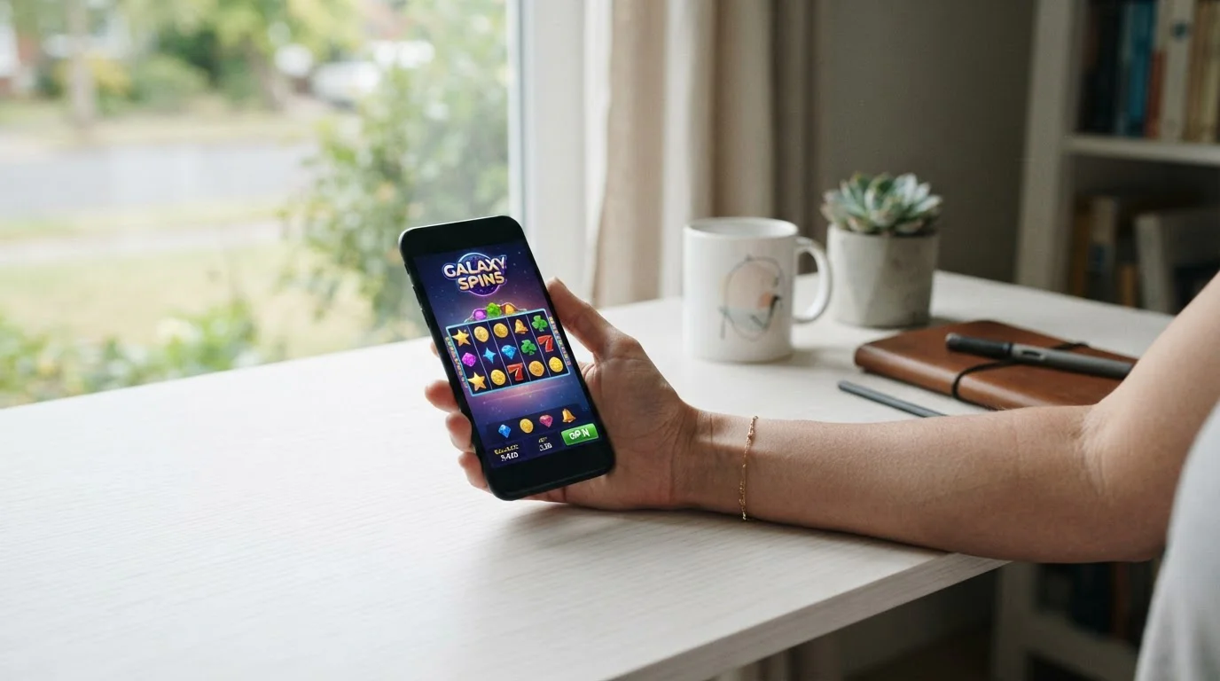 Smartphone in der Hand mit Spielautomat-Oberfläche auf dem Schreibtisch